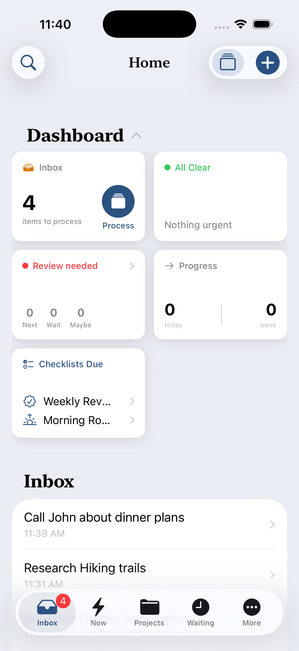 SnapGTD Dashboard showing inbox with 4 items to process