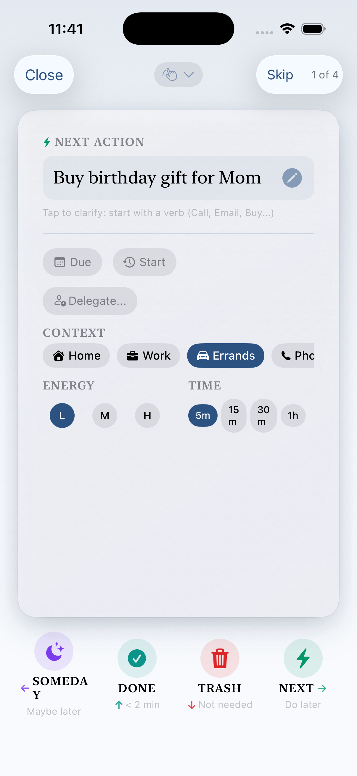 SnapGTD processing card with swipe actions